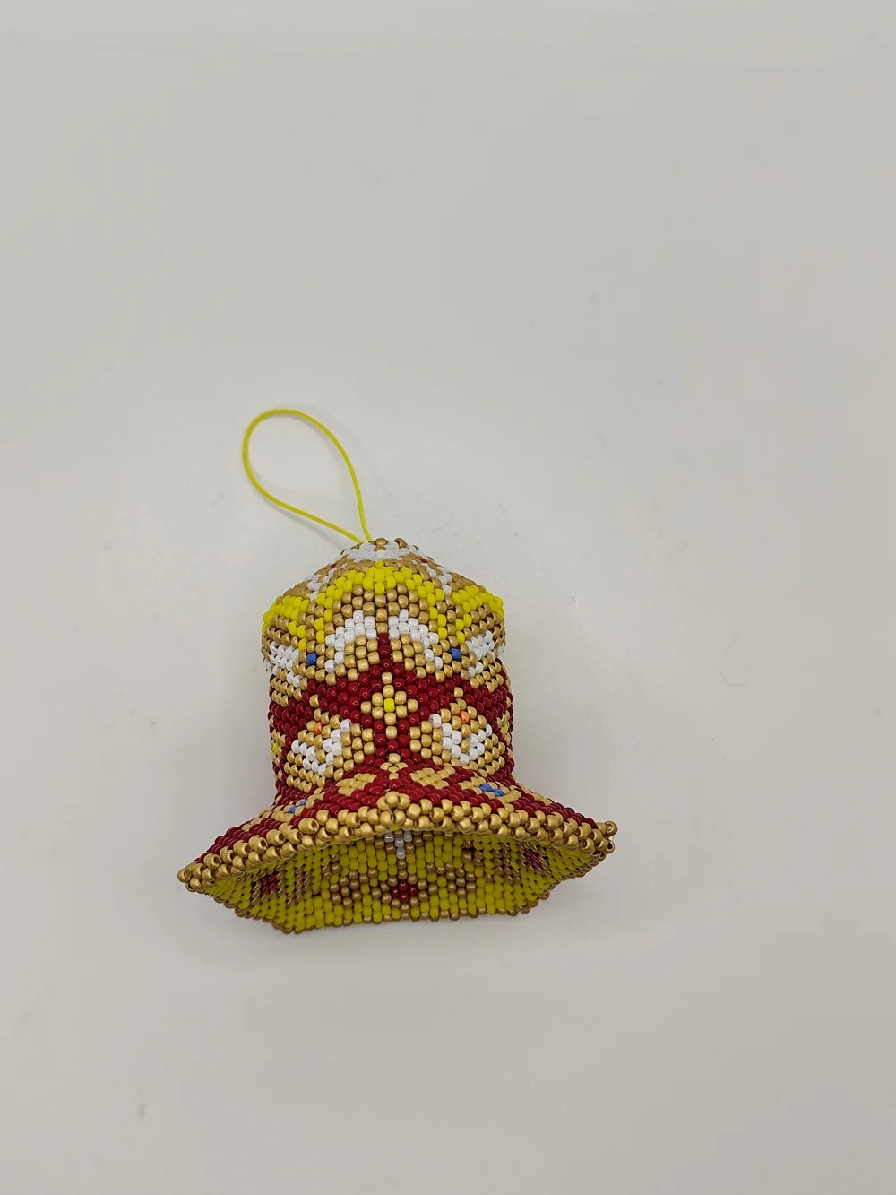 Handmade Beaded Bell Ornament in Red, Yellow & White